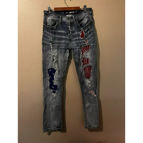 Men's BKE Aiden Distressed Red & Blue Bandana Bootleg Jeans Size 30 [EXCELLENT] - Picture 1 of 8